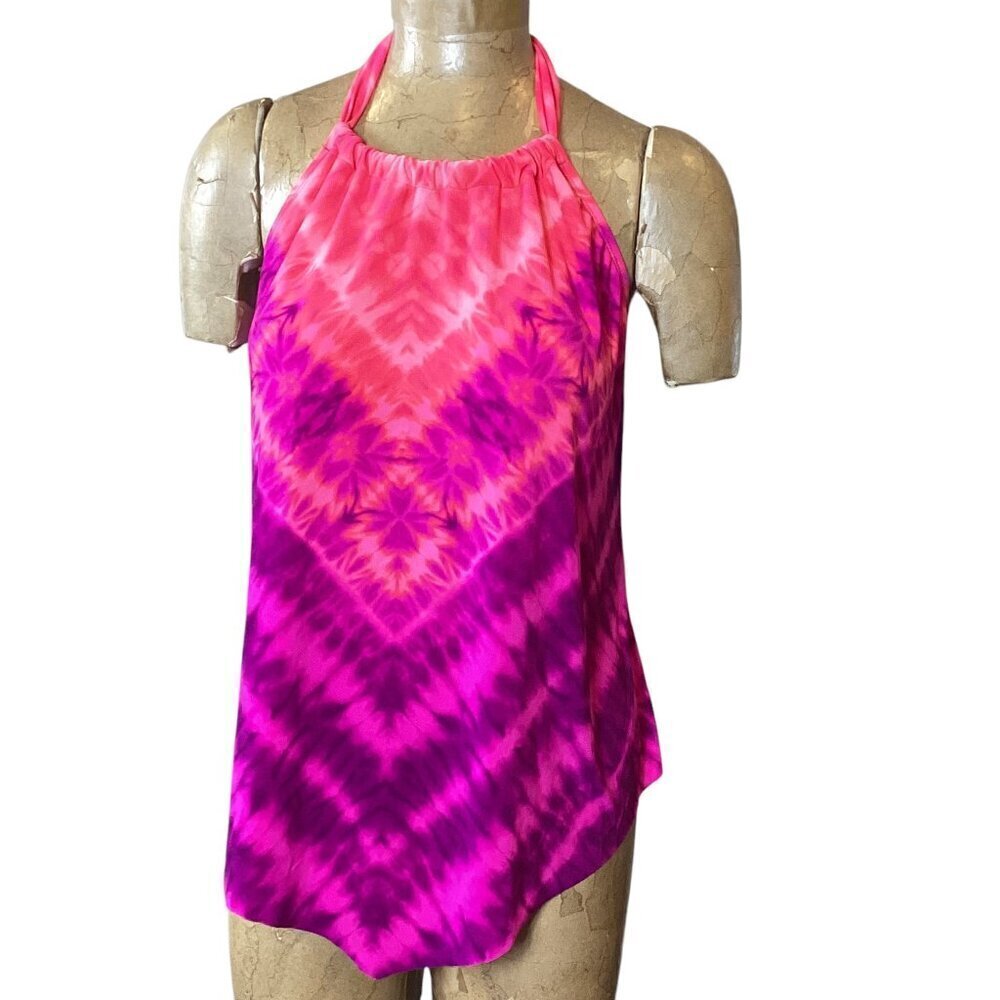 Aqua Green Halter Tankini Top Sz M Pink Orange Purple Tie-Dye #72R